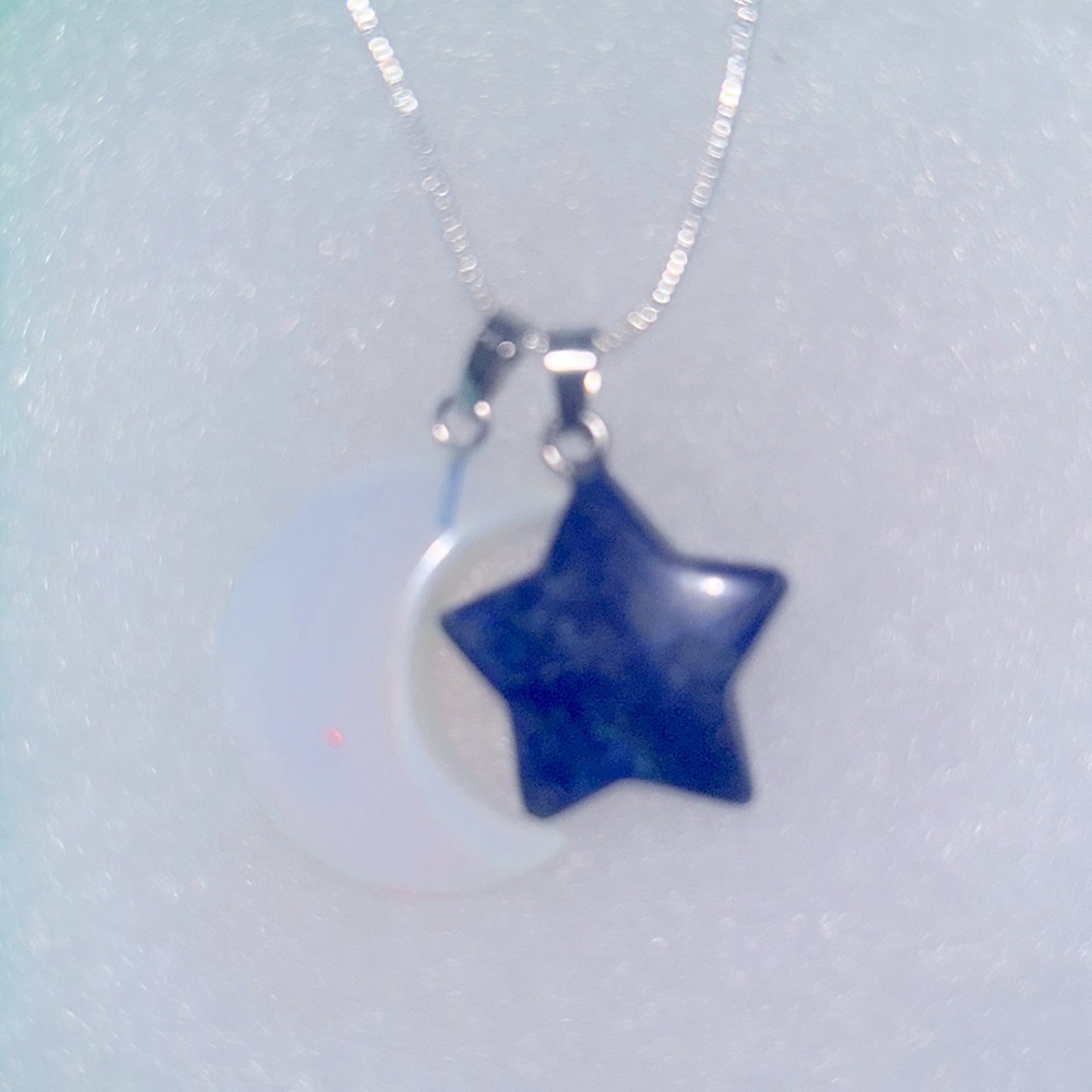 Boho hippie Blue Lapis Lazuli Star ⭐️ and Opal Moon 🌙 Sterling Silver Ne…